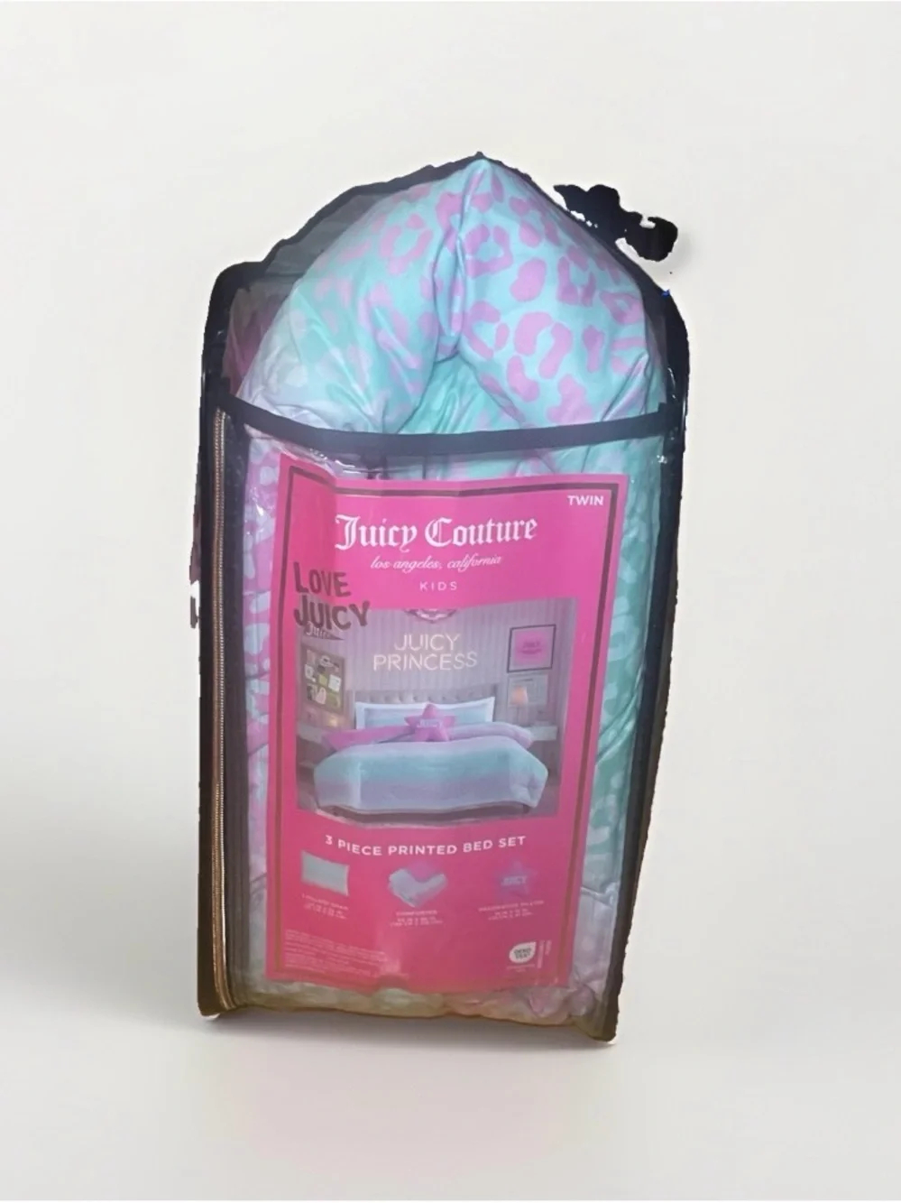 NWT Juicy Couture Kids “Juicy Princess” 3pc Twin Comforter Set-Pink/Aqua Leopard
